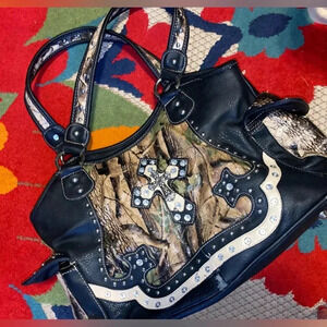 Authentic Rustic couture purse black leather with camo and rhinestone - NWOT​​